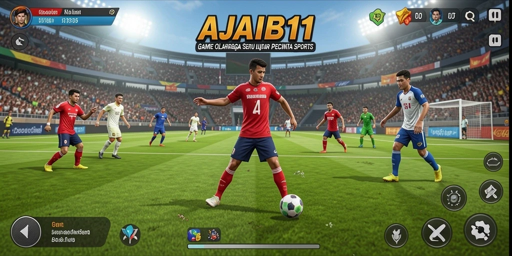 Tampilan utama AJAIB11 yang menampilkan aksi pertandingan olahraga.