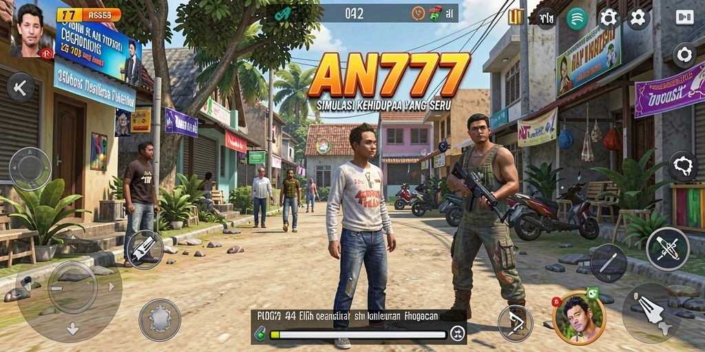 Tangkapan layar gameplay AN777 yang menunjukkan interaksi karakter dalam simulasi.