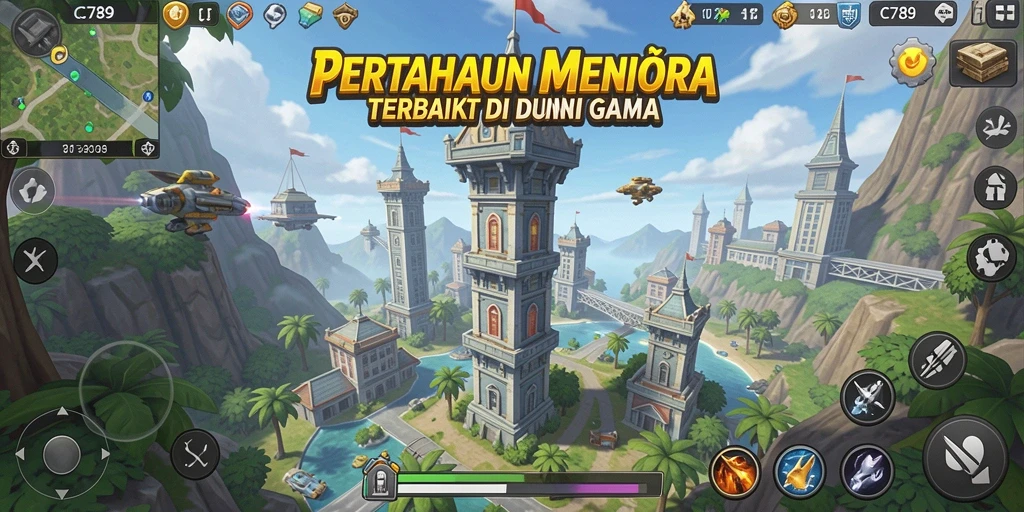 Gambar utama C789 menampilkan aksi menaklukkan serangan musuh di menara pertahanan.