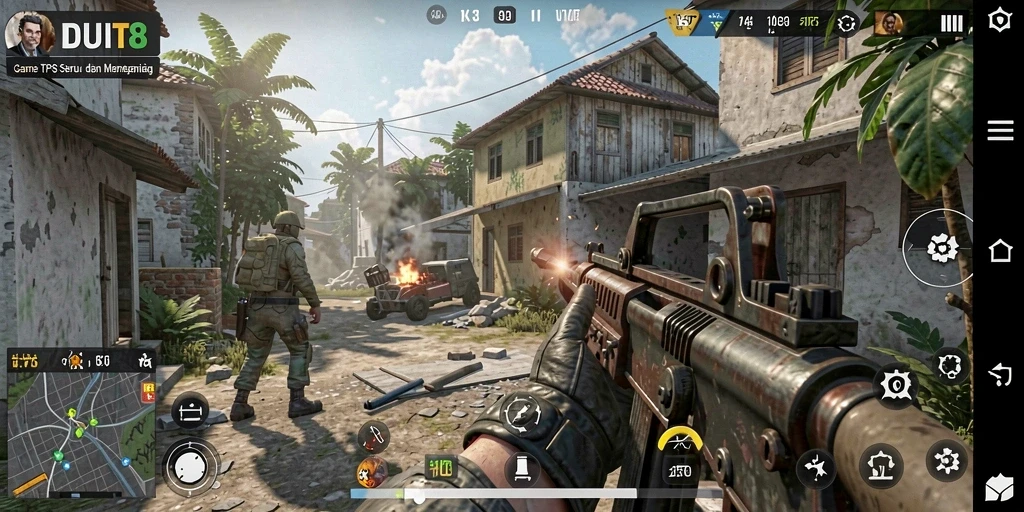 Tangkapan layar gameplay seru dari DUIT8, menampilkan aksi di medan perang.