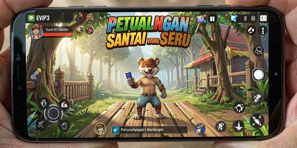 Screenshot utama EVIP3 menampilkan gameplay santai dan karakter yang ceria.