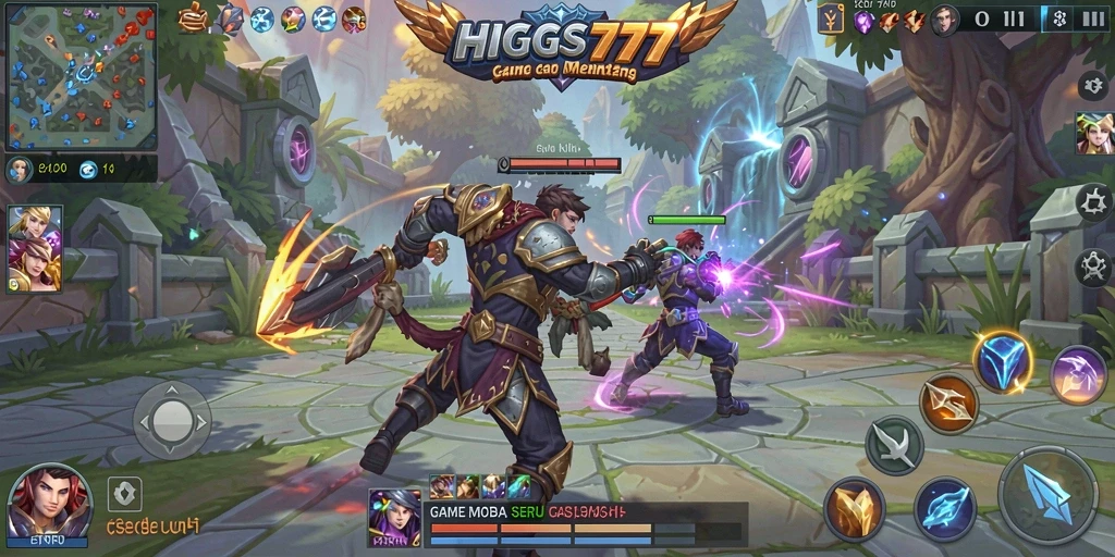 Tampilan gameplay epik HIGGS777 di arena pertempuran.