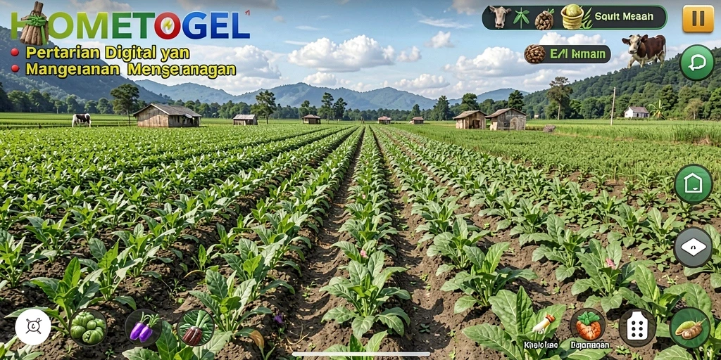 Screenshot gameplay HOMETOGEL menunjukkan kebun virtual yang indah dan berwarna-warni.