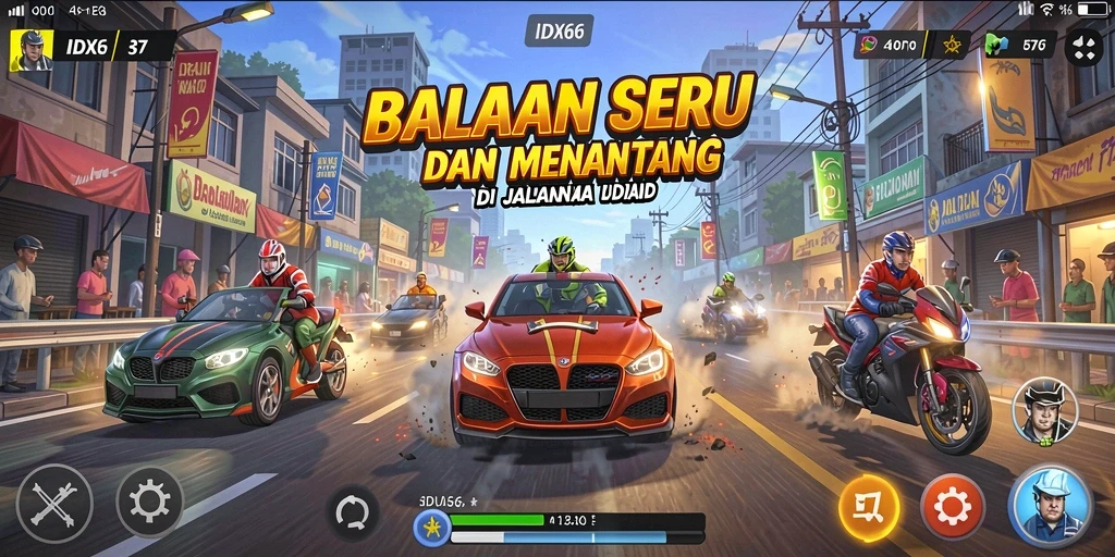 Screenshot gameplay seru dari balapan di IDX66, menunjukkan aksi mendebarkan.