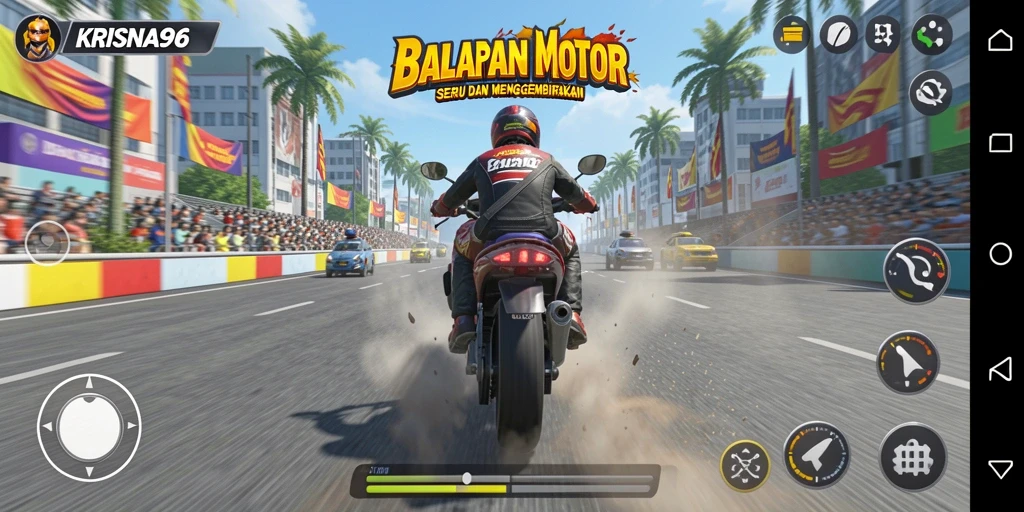Screenshot gameplay KRISNA96 dengan motor balapan yang cepat.