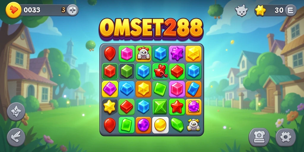 Tangkapan layar gameplay <strong>OMSET288</strong> dengan visual match-3 yang menawan.