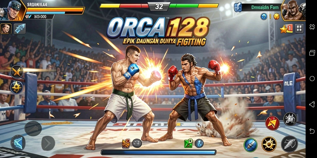Tangkapan layar ORCA128 menampilkan aksi pertarungan yang mendebarkan dan visual yang menawan.