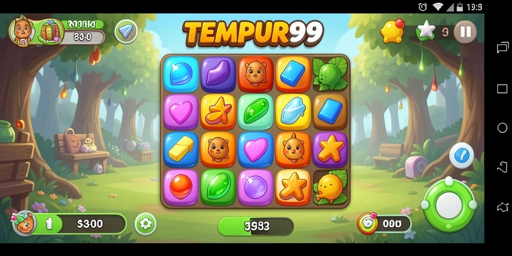Screenshot gameplay TEMPUR99 menunjukkan momen menyenangkan saat mencocokkan permata.